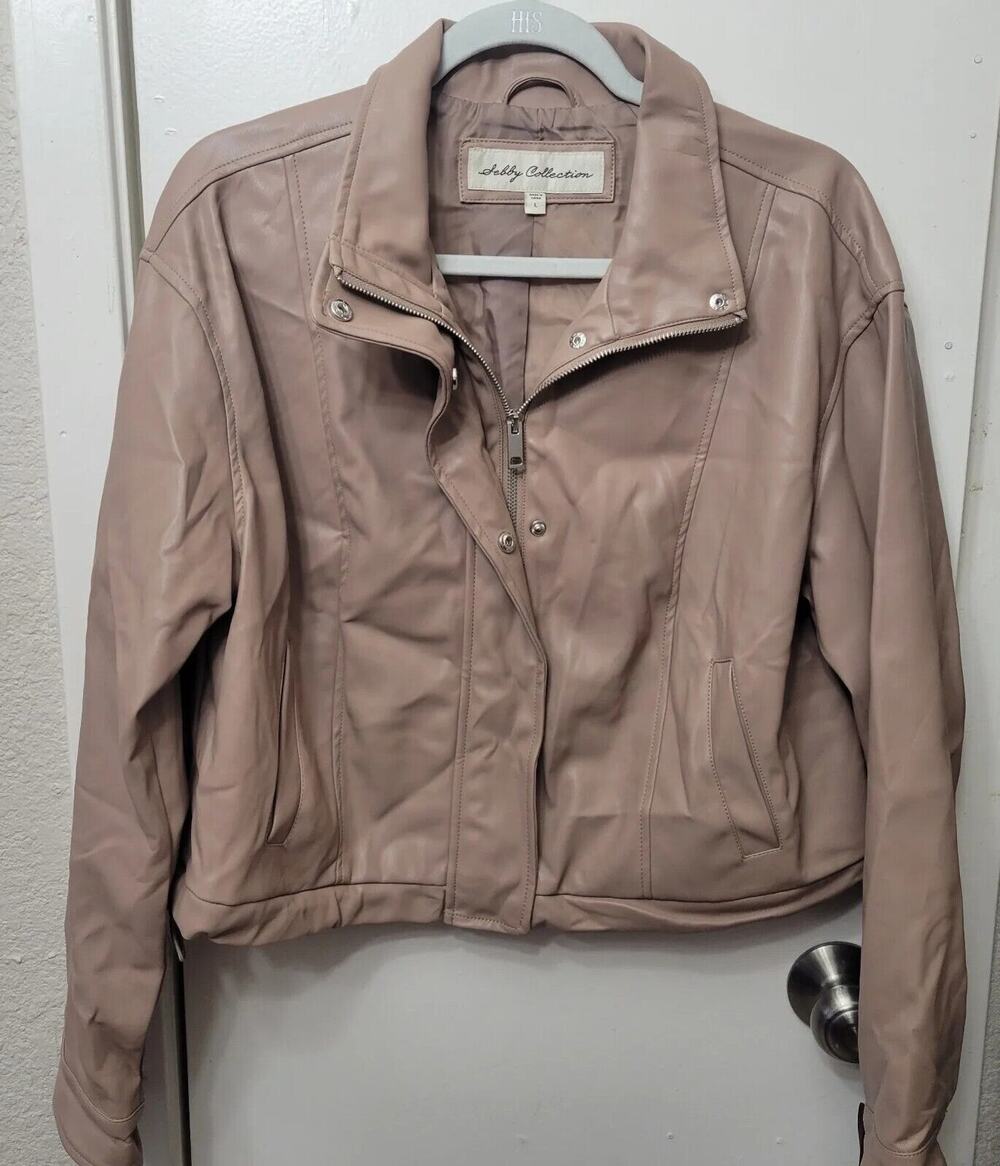 Women's Sebby Faux Leather Cropped Full Zip Jacket in Rose Pocket Size Large NWT